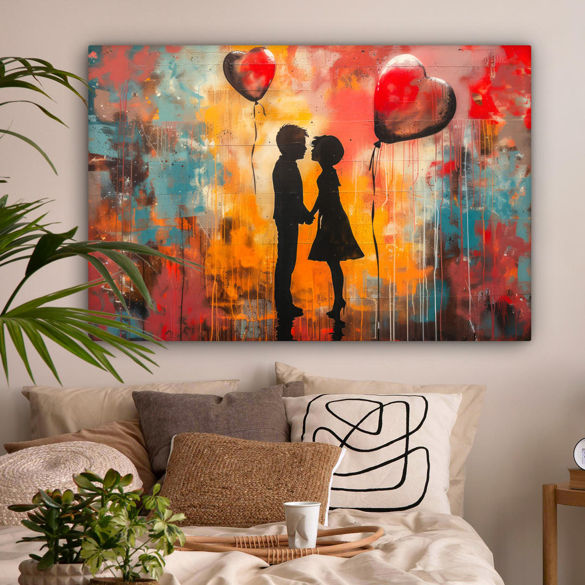 LEINWANDBILD Straßenkunst - Liebe - Graffiti - Kunst - Banksy Wohnzimmer 120x80 cm - Orange, Textil (120/80cm) - MuchoWow
