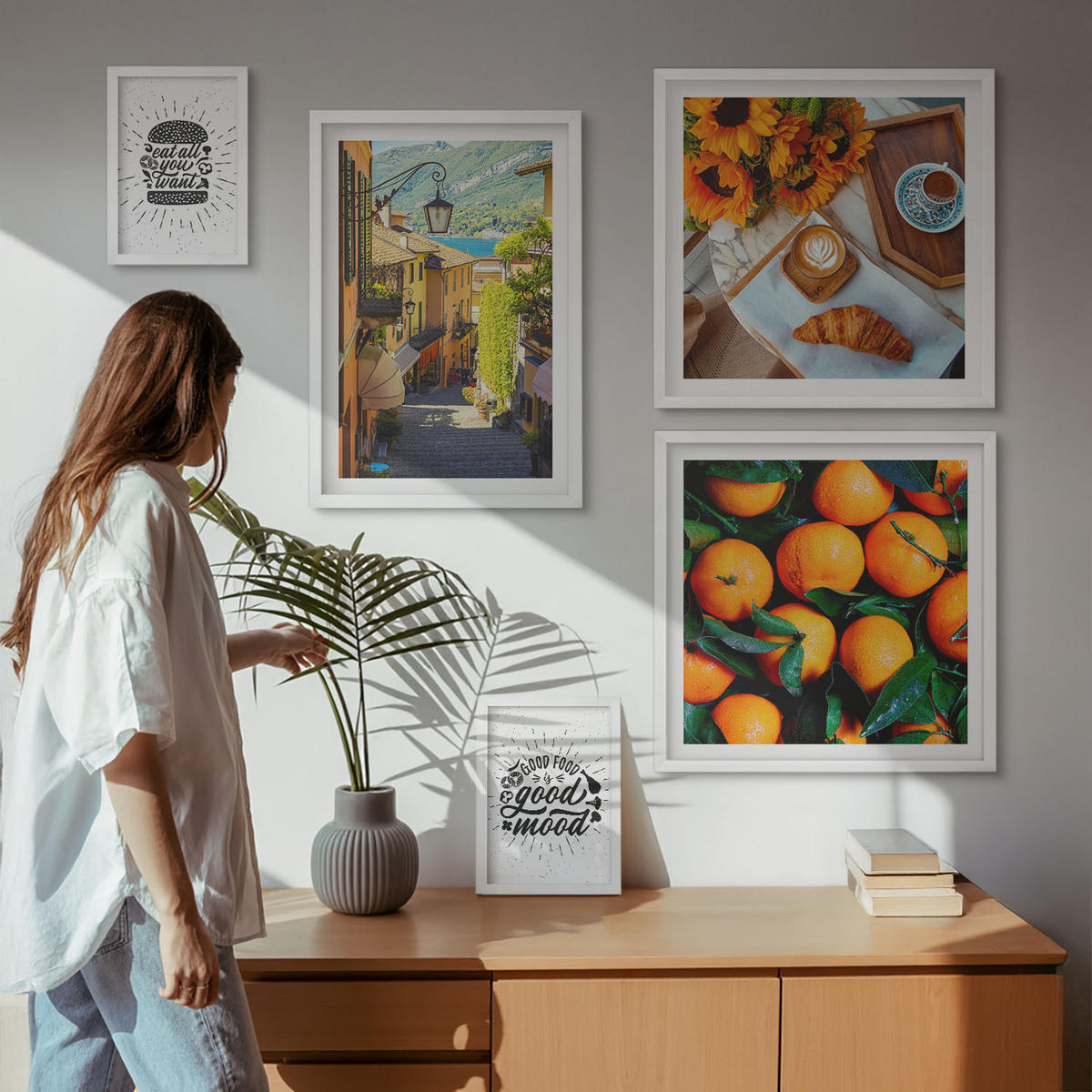 BILDER SET 5er Set - 50x50 cm & 20x30 cm & 40x60 cm Weißer Rahmen - Juicy Oranges Kitchen - Weiß, Kunststoff (40/60cm) - TULUP