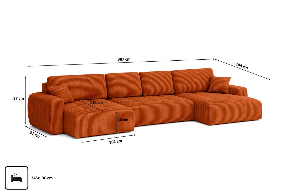 ECKSOFA Mit Schlaffunktion Und Bettkasten U-Form Ivo U XL, Cordstoff Poso, Kupfer - Orange, Holz (387/144cm) - Kaiser Möbel