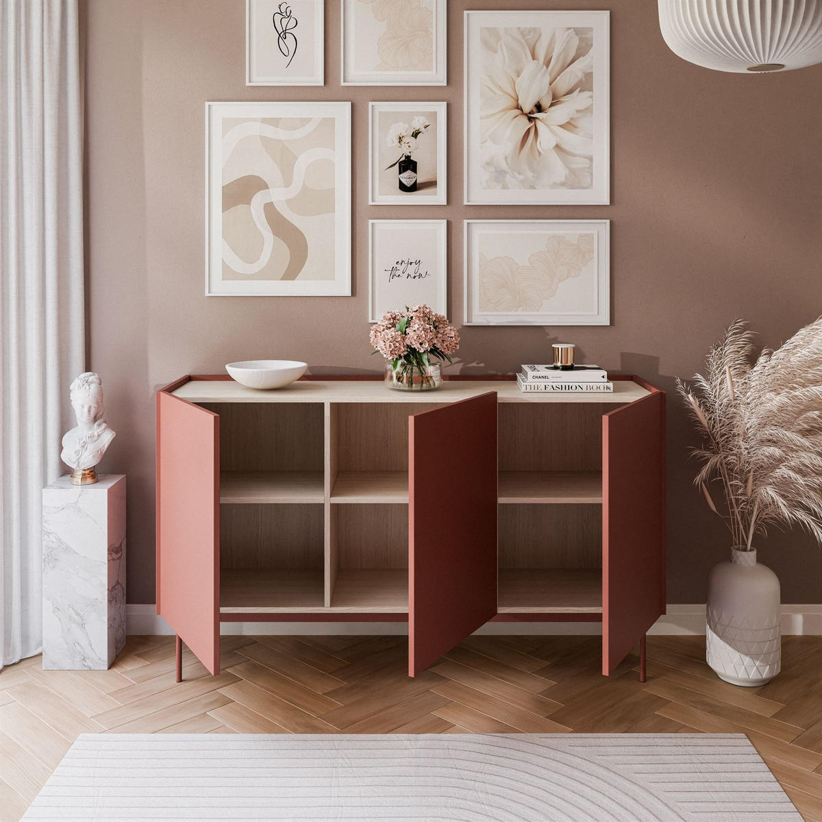 KOMMODE Dreitürige ESSENCE 3D K144 Keramik Rot / Eiche Linea - Eichefarben/Rot, Holzwerkstoff (144/86/37cm) - Lookway