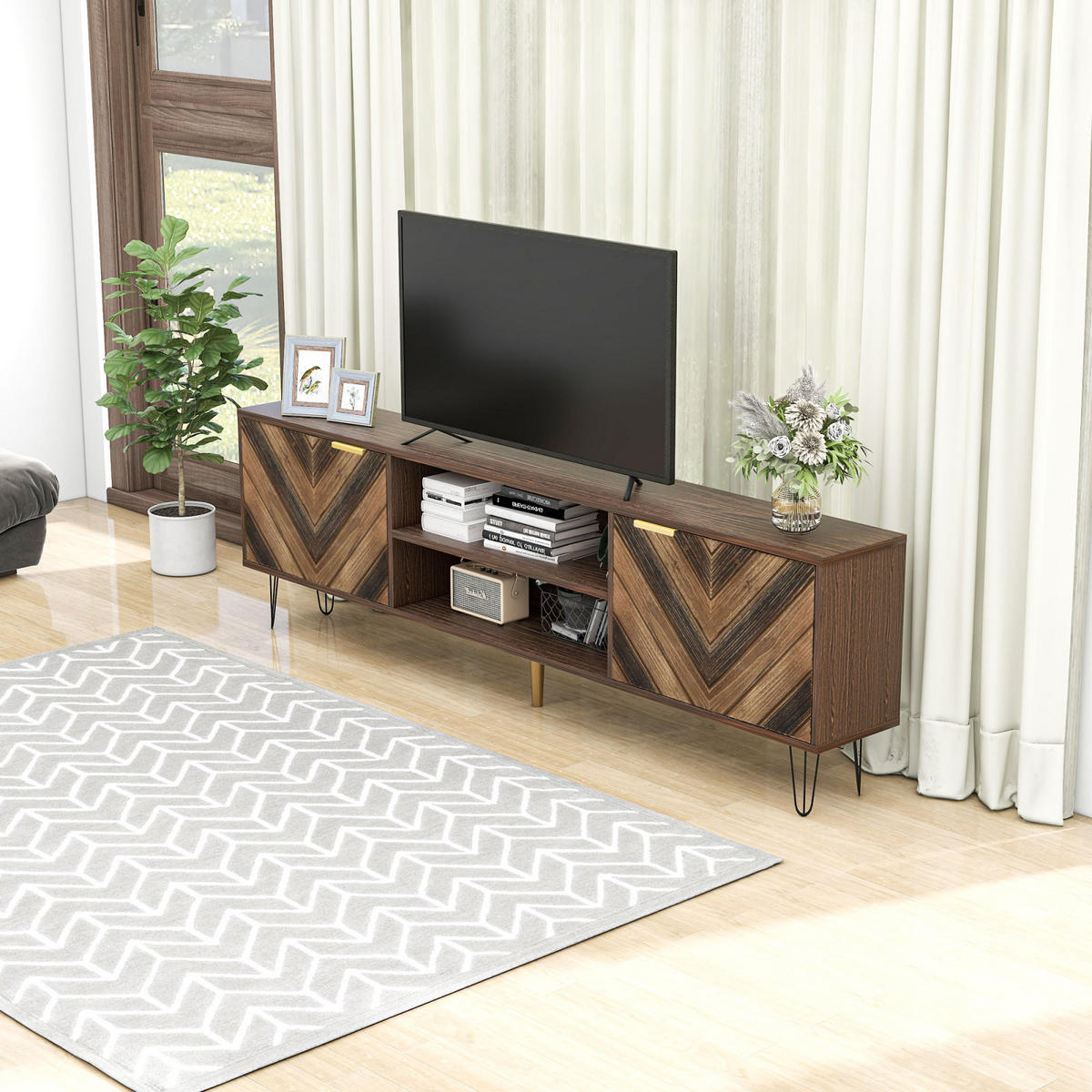 TV Lowboard Schwarz Holz, goldene Griffe, Eisenfüße - Braun, Holz (157/48/38cm)