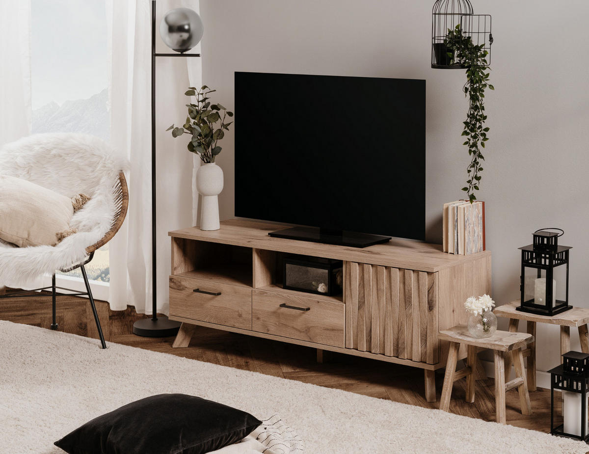 TV-LOWBOARD Eiche 140 cm, TV Unterteil mit 3D-Relief und Push-to-Open - Eichefarben/Messingfarben, Holzwerkstoff/Metall (140/50/40cm) - Furn.Design