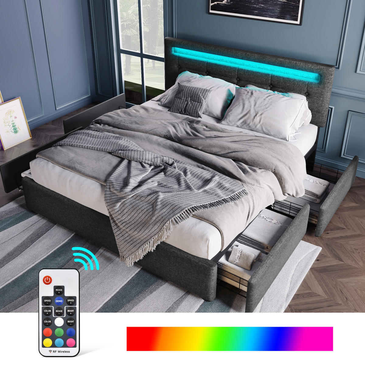 POLSTERBETT 140/200 cm in Grau mit 4 Schubladen, LED und verstellbarem Kopfteil Leinen - Grau, Holzwerkstoff/Textil (140/200cm) - STILVORA