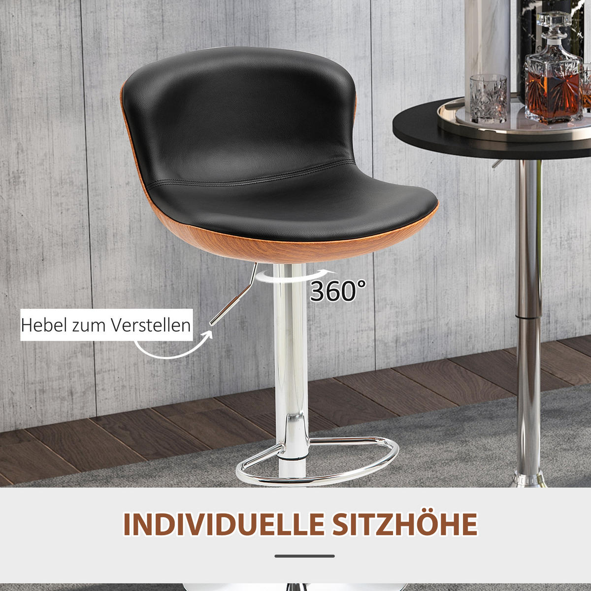 2ER-SET Barhocker mit Fußstütze Barstuhl höhenverstellbar drehbar Kunstleder - Schwarz, Kunststoff (53.5/85/46cm) - HOMCOM