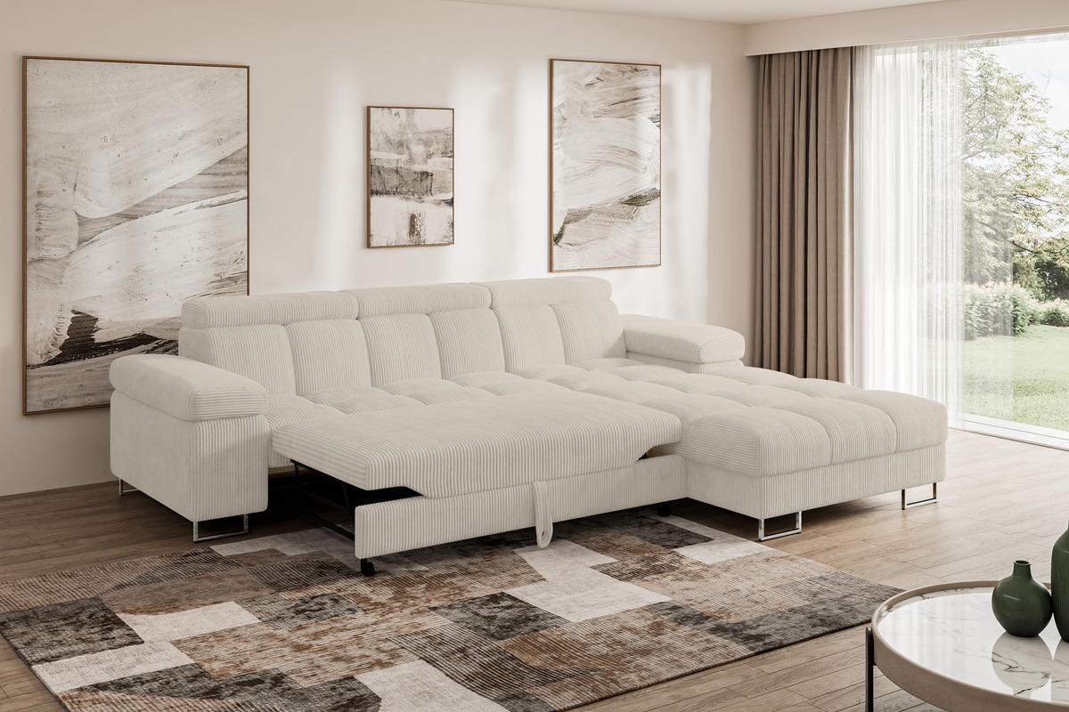 ECKSOFA mit Schlaffunktion Ottomane Rechts COMA L 271x203x79 Beige Cord - Beige, Holzwerkstoff/Textil (203/271cm) - ALTDECOR