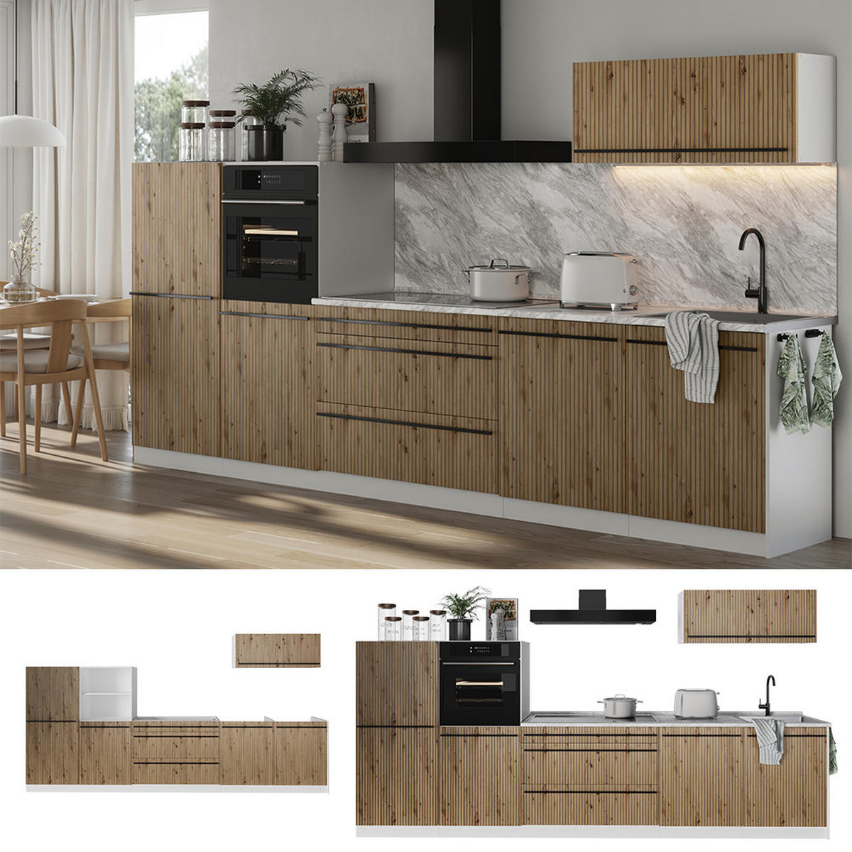 KUCHYŇSKÝ KOUT R-Line, Řemeslný dub/Bílá, 340 cm pracovná doska Mramor - bílá/dub artisan, kompozitní dřevo (340/143/60cm) - Vicco