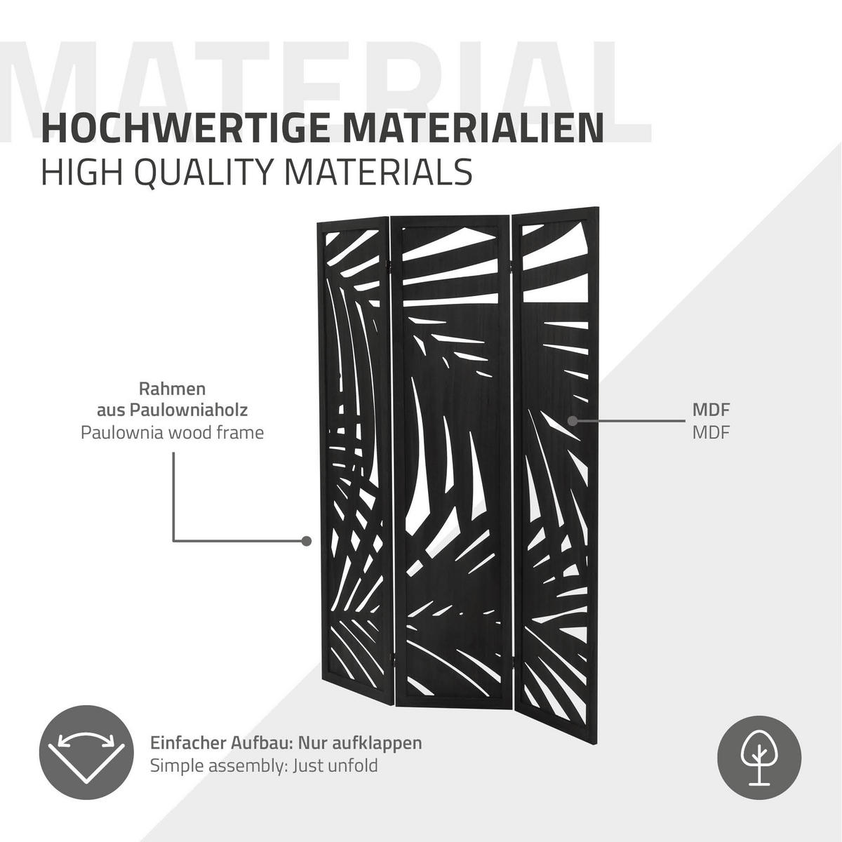 PARAVENT 3 teilig Sapporo 170x121 cm Schwarz aus Holz - Braun, Holz (121/170/2cm) - ML-DESIGN