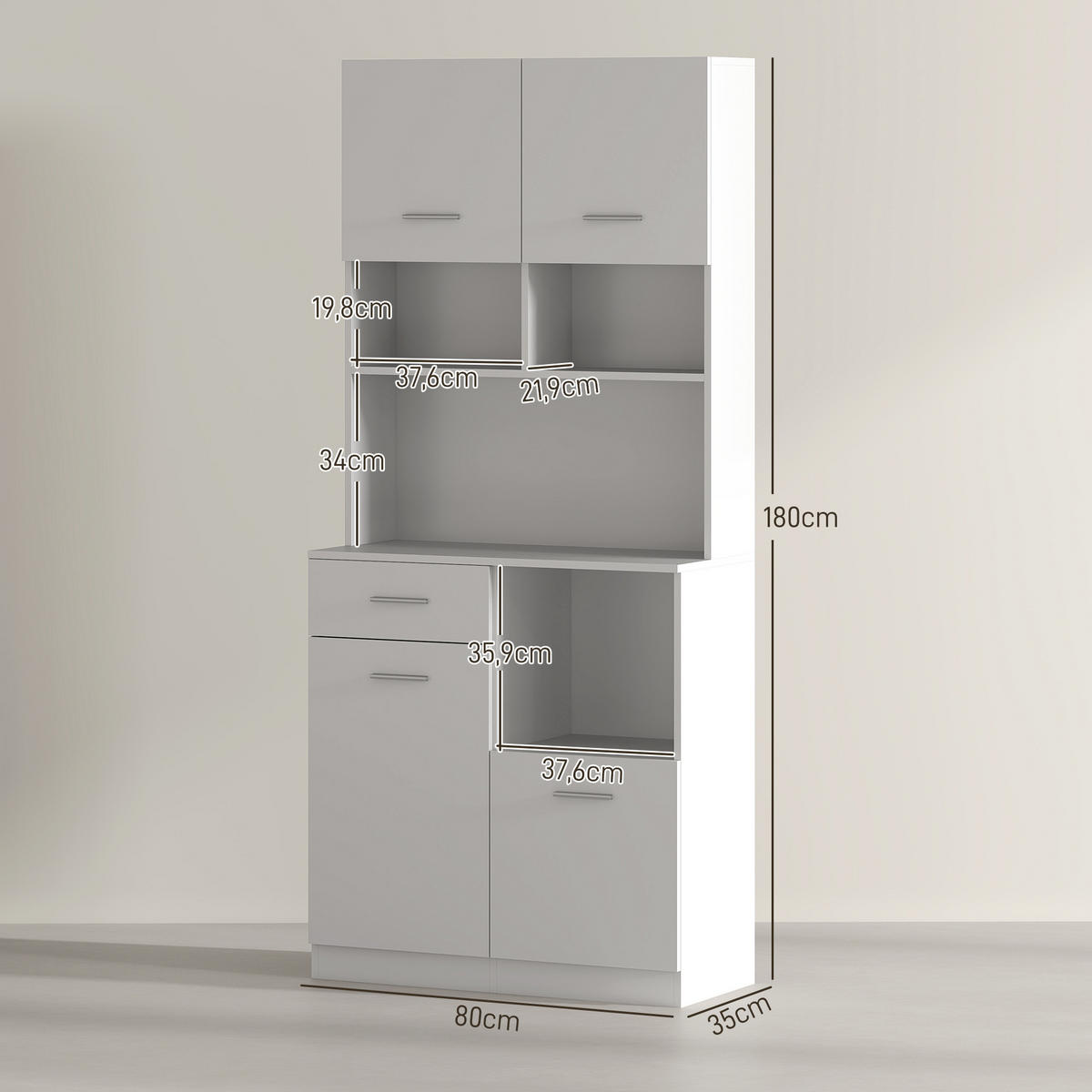 KÜCHENSCHRANK Hochschrank mit verstellbaren Regalen Schublade Weiß - Silberfarben/Weiß, Holzwerkstoff/Metall (35/180/80cm) - HOMCOM
