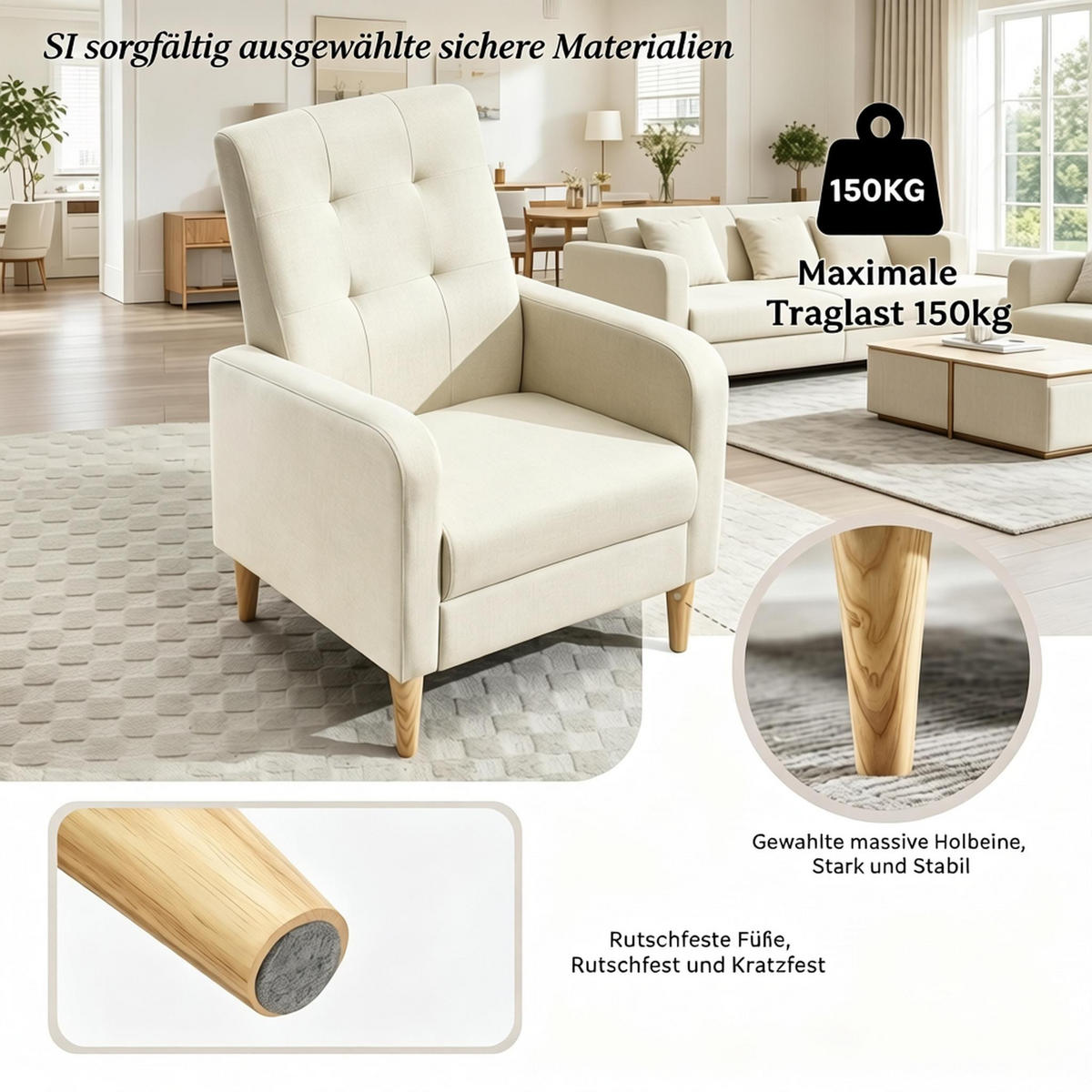 SESSEL hohe Rückenlehne mit Leinenbezug, DE-42157, Beige - Beige, Holzwerkstoff (61/90.5/54cm) - ComfortXL