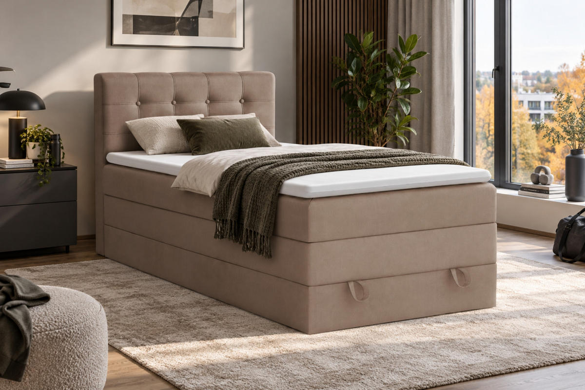 BOXSPRINGBETT JUNG 1 90/200 Velours Beige mit Matratzen H3 + H4 - Beige, Holz/Holzwerkstoff (92/200cm) - Deine Möbel 24