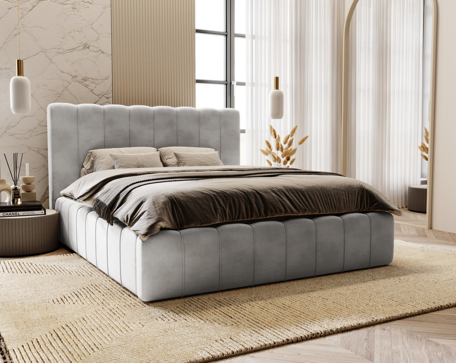 DOPPELBETT mit Bettkasten 180x200 Porto, Lattenrost, Hellgrau - Hellgrau, Holz/Textil (180/200cm) - Emporius