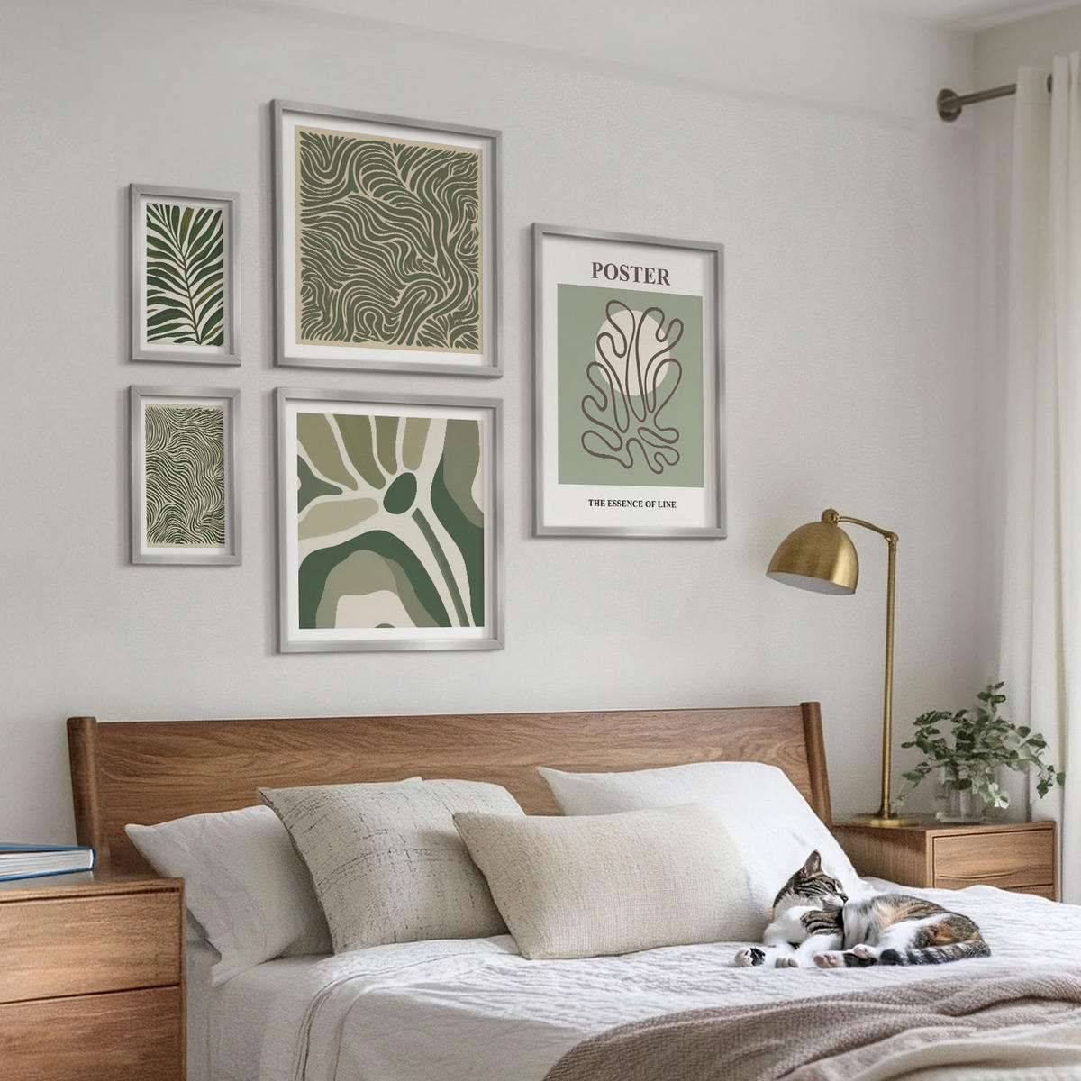 WANDBILDER 5er Set - 50x50 cm & 20x30 cm & 40x60 cm Silberner Rahmen - Blattmuster und wellenförmige Formen - Silberfarben, Kunststoff (40/60cm) - ArtPrintCave