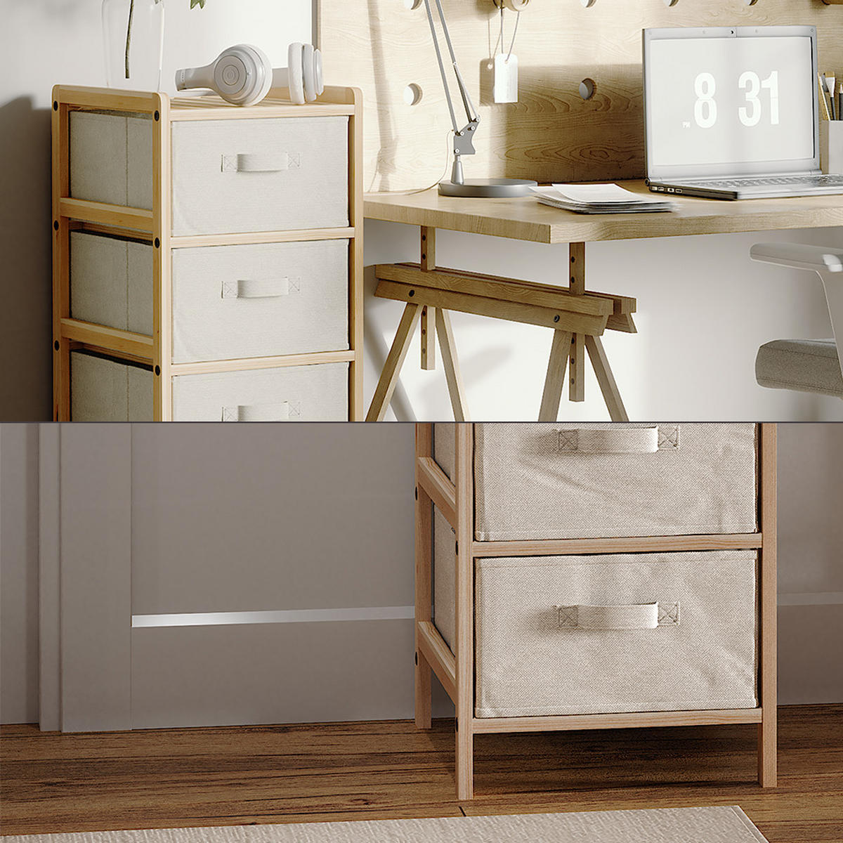 KOMMODE Bruno Beige 34.5 x 86 cm mit 4 Stoffschubladen - Beige/Naturfarben, Holzwerkstoff (34.5/86/36.5cm) - Vicco