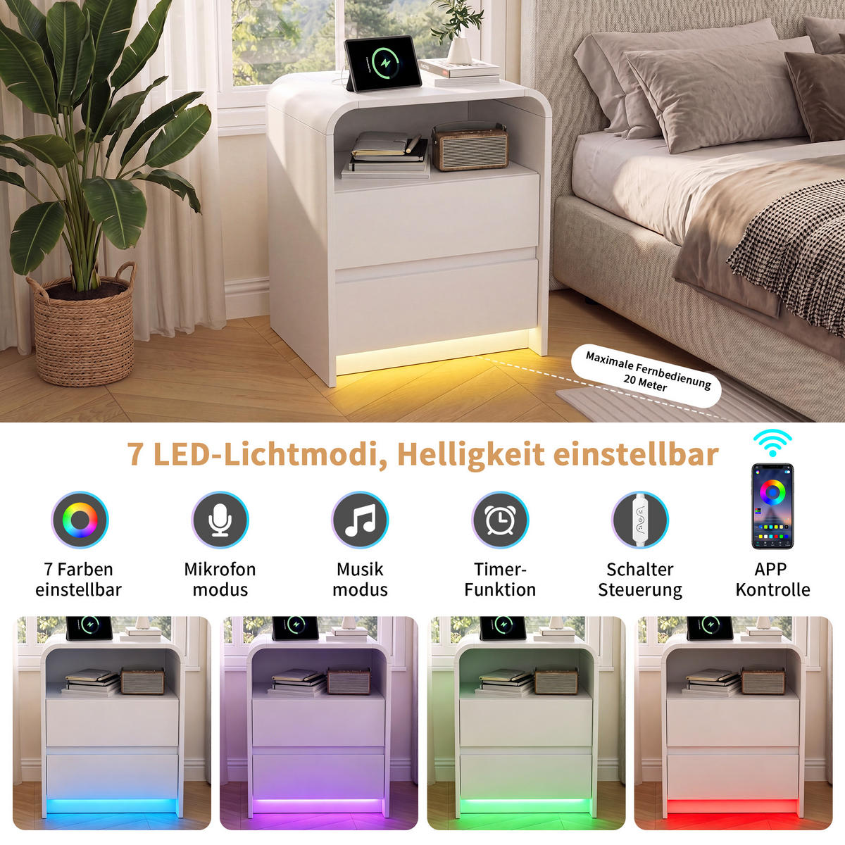 NOČNA omarica, 2-delni komplet z LED osvetlitvijo, vtičnica, bela, stranska mizica - bela, les (40/57/45cm)