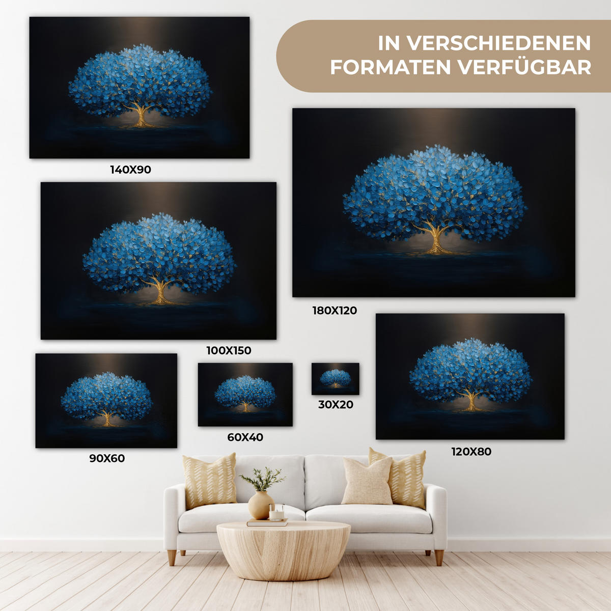 LEINWANDBILD Baum - Blau - Blätter - Pinselstriche Wohnzimmer Groß 120x80 cm - Blau, Textil (120/80cm) - MuchoWow