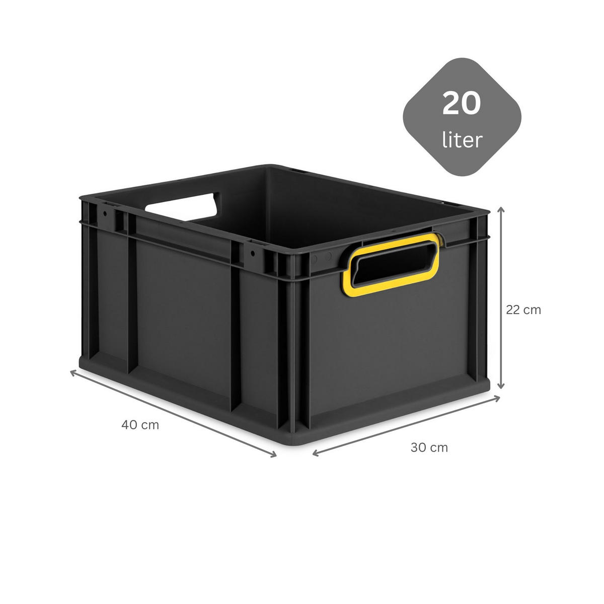 EUROBOX NextGen Color 22x30x40 cm 20 Liter Griffe gelb offen, Schwarz - Gelb/Schwarz, Kunststoff (30/22/40cm) - PROREGAL