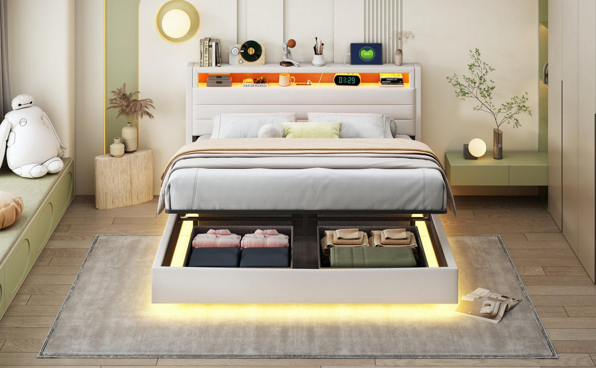 POLSTERBETT 160/200 cm Beige aus Stoff mit Stauraum und LED - Beige, Textil (160/200cm) - OKMYHOME