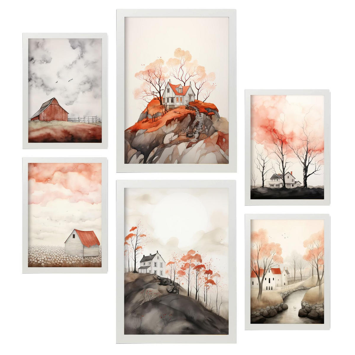 POSTER Set Mit 6 Orange Stadt A3 & A4 Weißer Rahmen - Weiß, Papier (29/3cm) - Nacnic