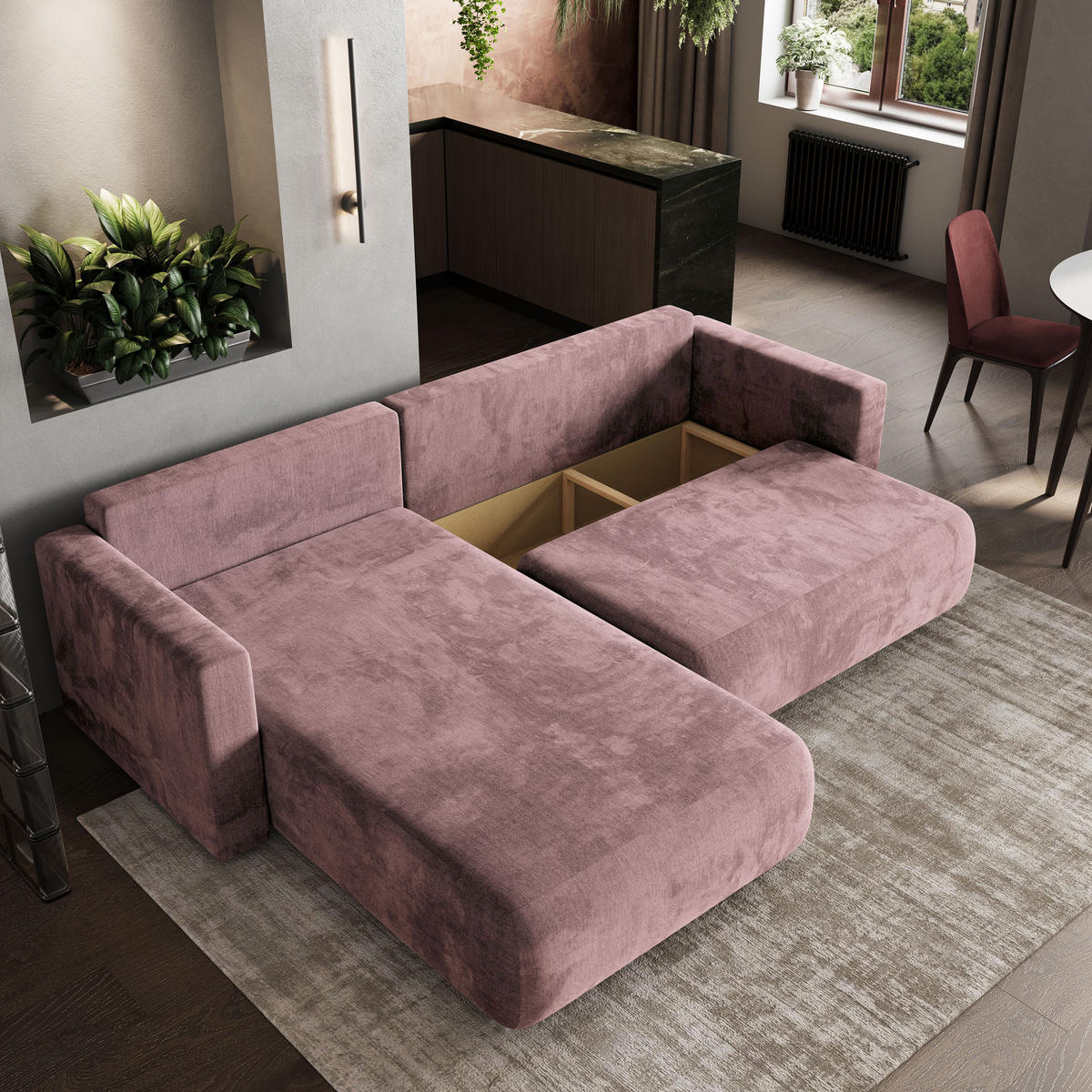 ROHOVÁ SEDAČKA TURIN šeříková - šedá/šeříková, dřevo/textil (265/183cm) - MASSENO