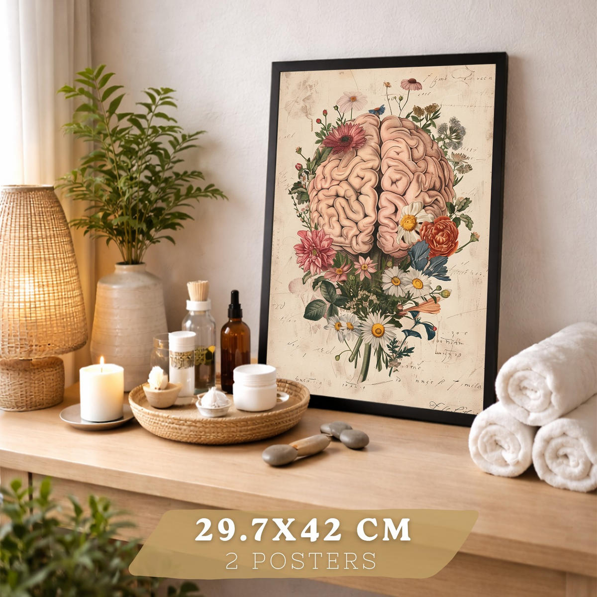 POSTER Set aus 2 Weibliche Anatomie Drucke und Wandbilder mit Gehirn und Gebärmutter Botanischer Retro Vintage Floraler Stil Größe Schwarzer Rahmen A3 - Schwarz, Papier (29.7/42/3cm) - Nacnic