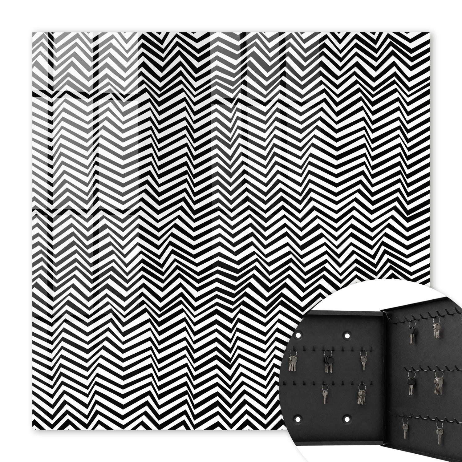 SCHLÜSSELBOX Schwarz 30x30 cm- Türöffnung nach rechts - Zickzacklinien dynamisch - Multicolor, Metall (30/30/5cm) - TULUP