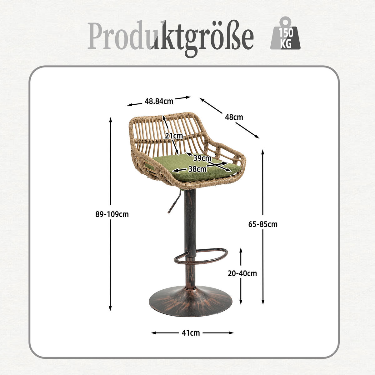 BARHOCKER,DREHSTUHL,RATTAN 360° drehbar, 2er-Set,Grün - Grün, Metall (38/109/39cm) - LVHOM