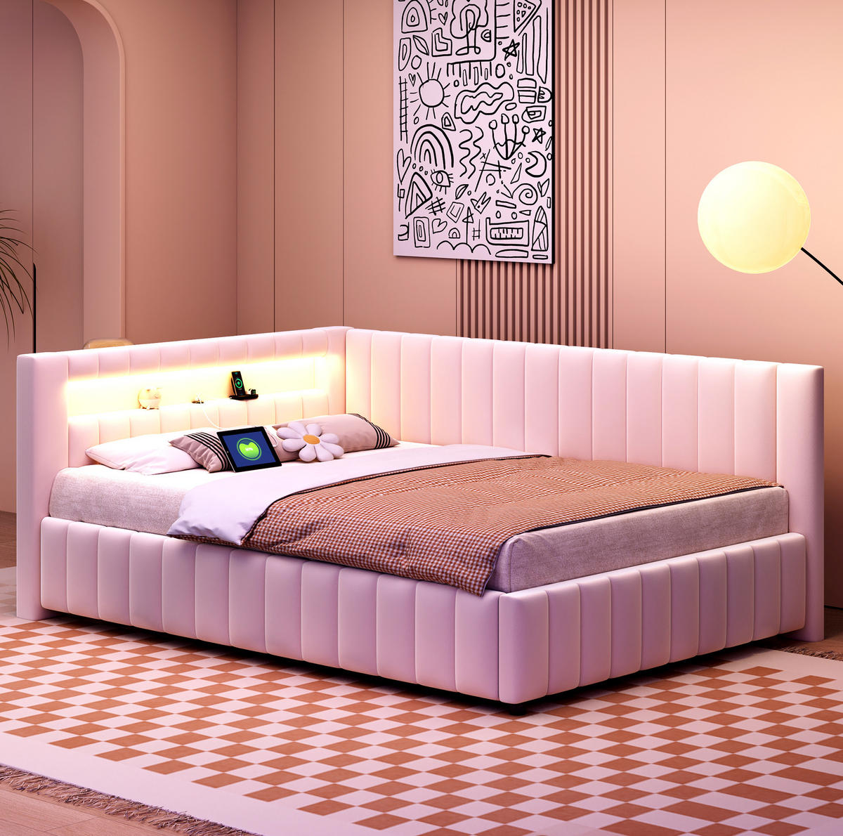 SCHLAFSOFA 140/200 cm mit LED-Beleuchtung, USB-Anschluss, Kopfteil und Rückenlehne, Samt, Beige - Beige, Textil (147.5/82/209cm) - Redom