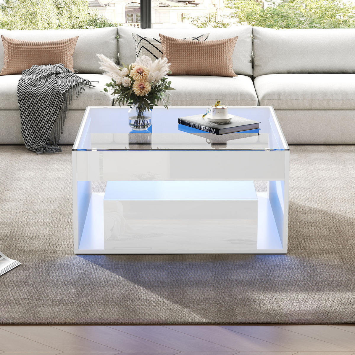 COUCHTISCH 70/70/35 cm in Weiß mit LED-Beleuchtung und 2 Schubladen - Weiß, Holzwerkstoff (70/70/35cm) - Flora Grace