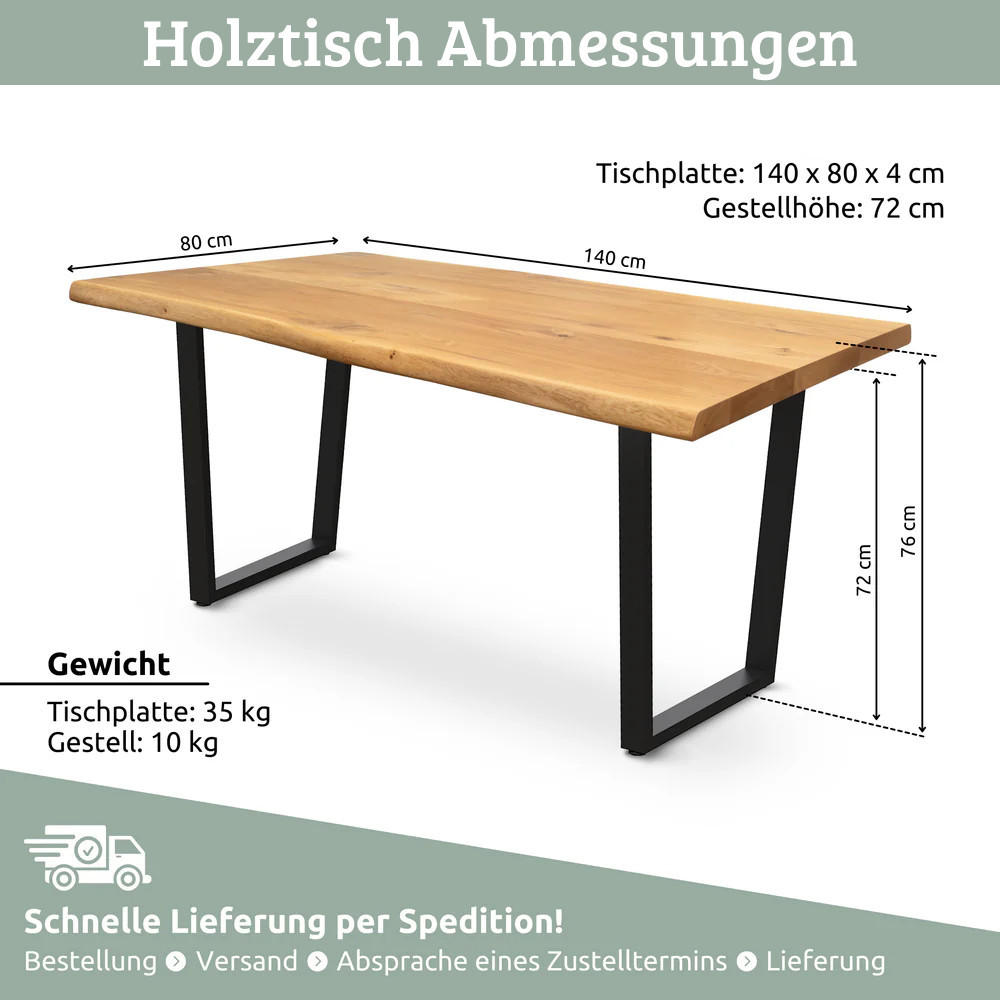 ESSTISCH Massivholz mit Baumkante KEANU 140x80 cm Eichenholz Trapez Gestell - Braun, Holz/Metall (80/140/76cm) - DELUKE