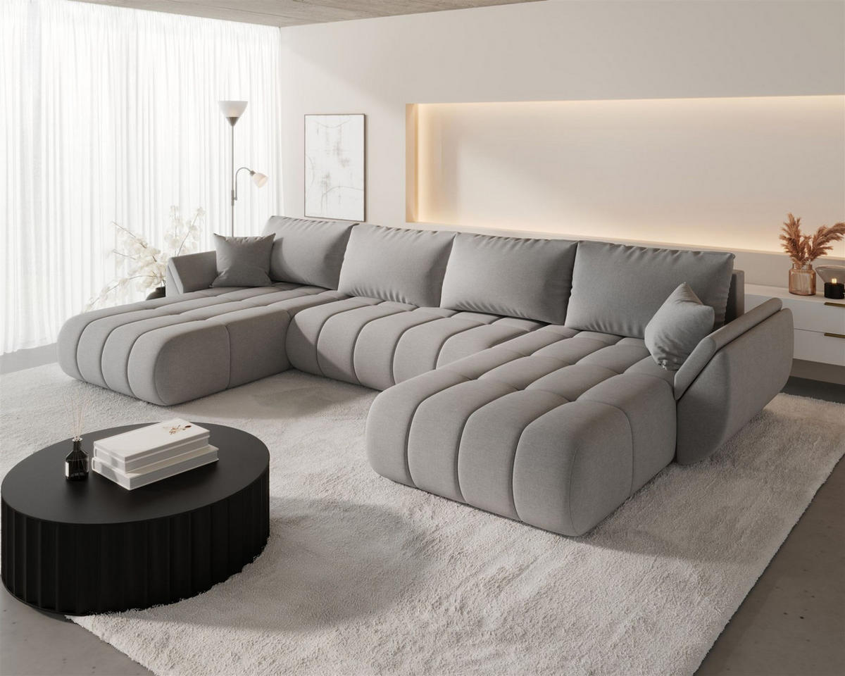 WOHNLANDSCHAFT Misato In Wind - Hellgrau, Holzwerkstoff/Textil (384/85/175cm) - Fun Möbel