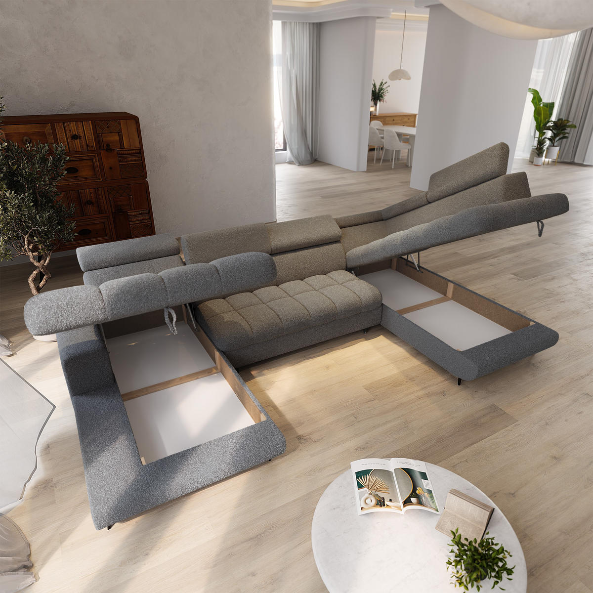 WOHNLANDSCHAFT CORENO Grau Boucle-Stoff mit Schlaffunktion - Grau, Holz (345/88/190cm) - MASSENO