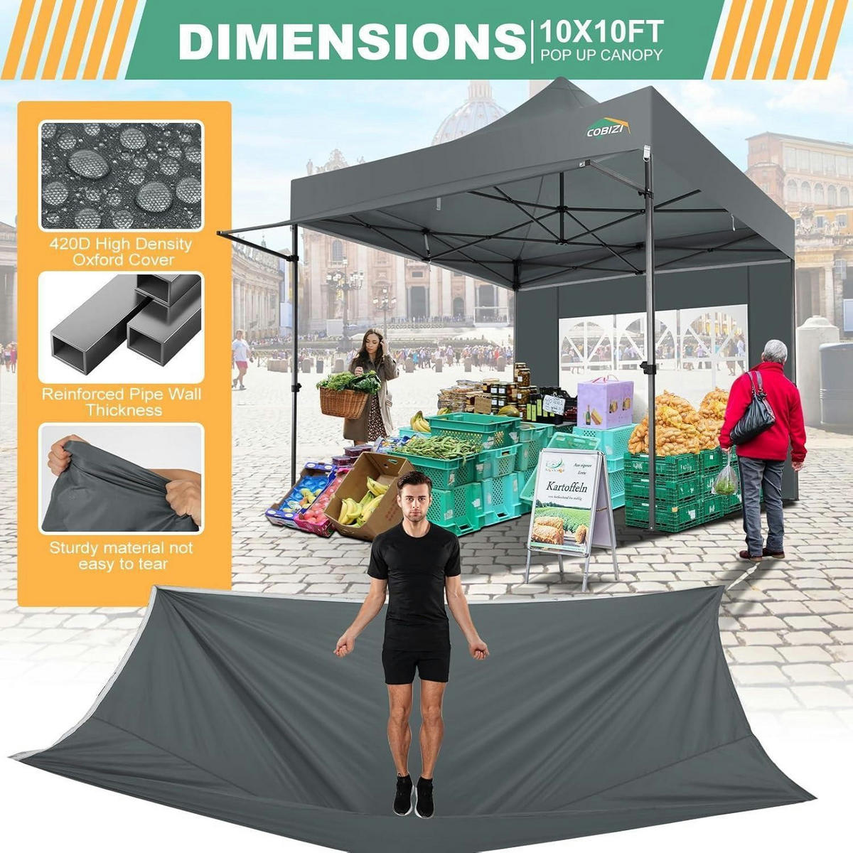 PAVILLON 3 x 3 m Grau wasserdicht mit Seitenwänden Hardtop - Grau, Textil (260/300/300cm)