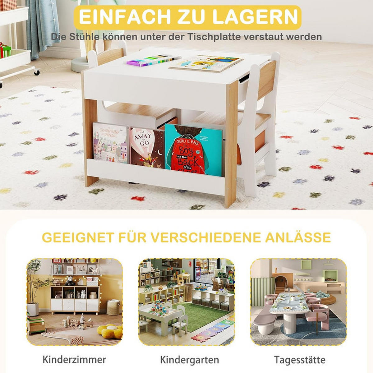 KINDERTISCH mit Stuhl natur(3-tlg) - Naturfarben, Holzwerkstoff (61.5/48/61.5cm) - COSTWAY