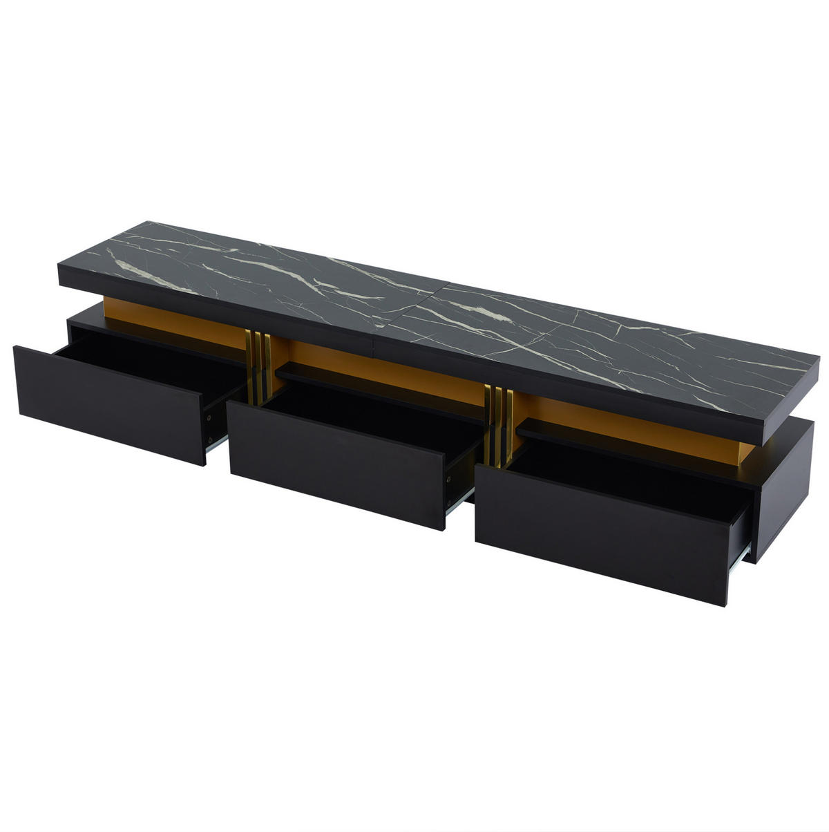 LOWBOARD 200/40/42 cm aus Spanplatte mit Marmor-Optik und 3 Schubladen Schwarz - Schwarz, Holzwerkstoff (200/42/40cm) - Modenvie