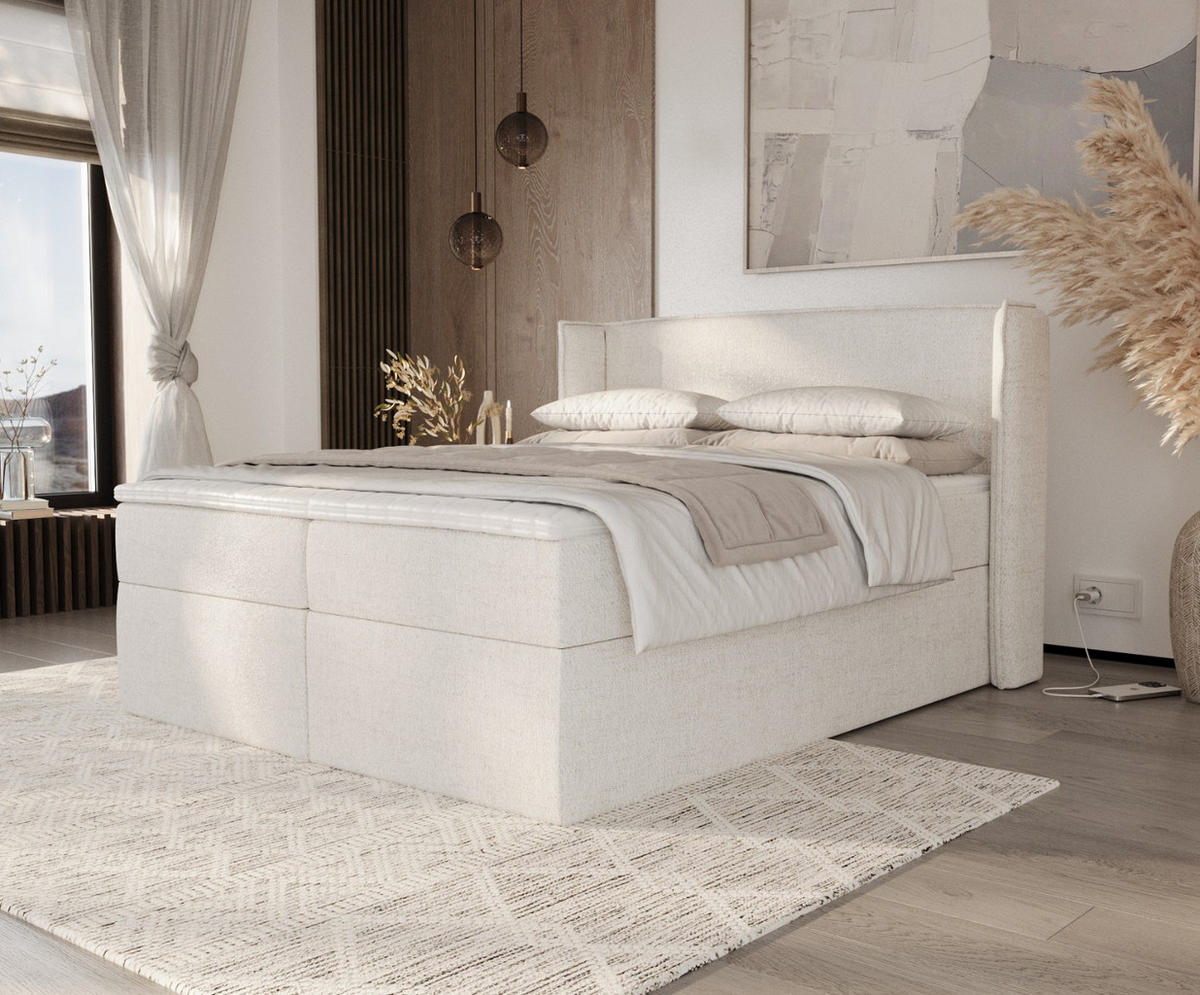 BOXBETT Viva 200/200 cm Creme im Neve Stoff - Creme/Schwarz, Holz/Holzwerkstoff (200/200cm) - AltaBeds