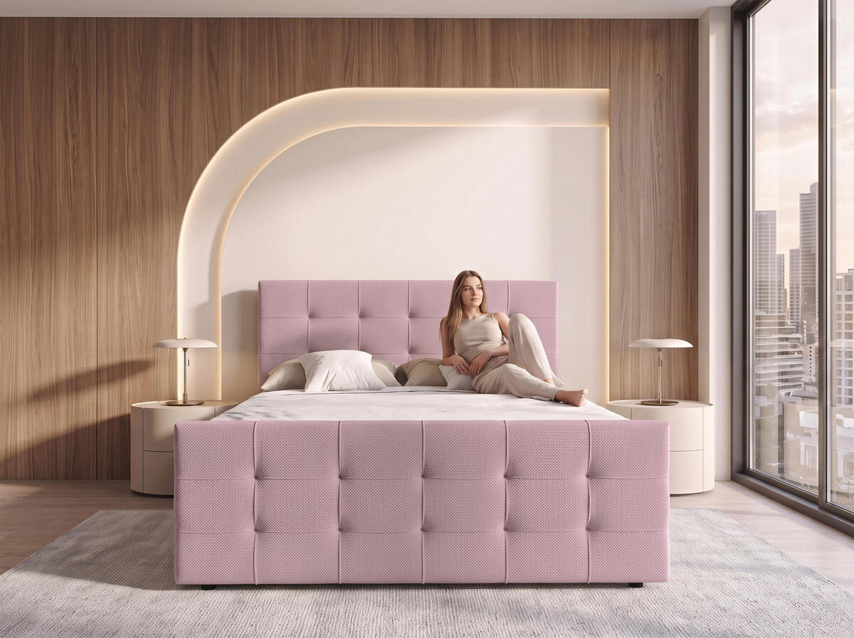 BOXBETT DEFNE 160x200 cm mit Fußteil und Matratze - Rosa + TOPPER - Schwarz/Rosa, Holz/Holzwerkstoff (160/200cm) - AX Living