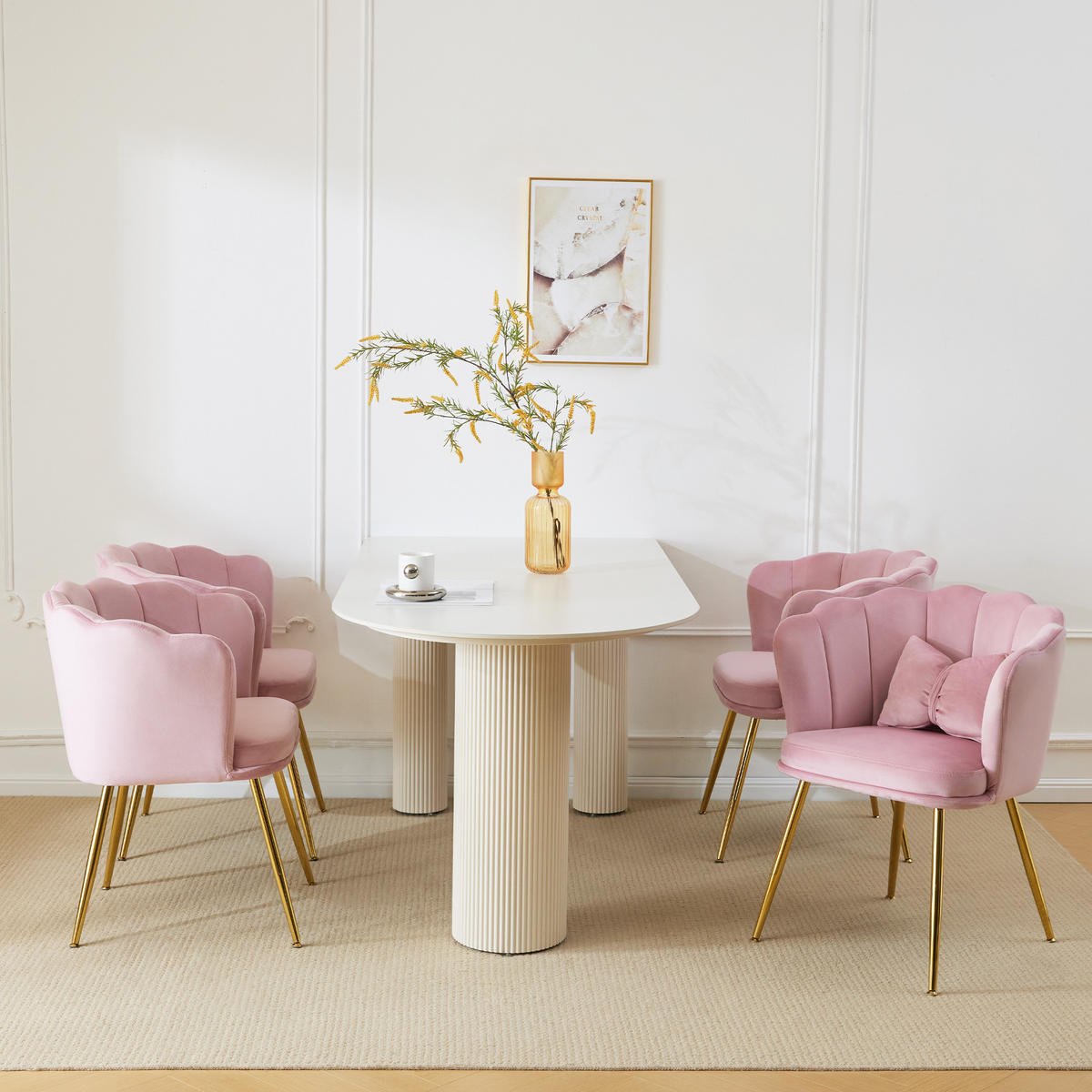 STUHL SET 4-TEILIG Samt Polster Blütenblatt-Rücken Goldfüße & Kissen Rosa - Pink, Holz (62/43/54cm) - FLIEKS