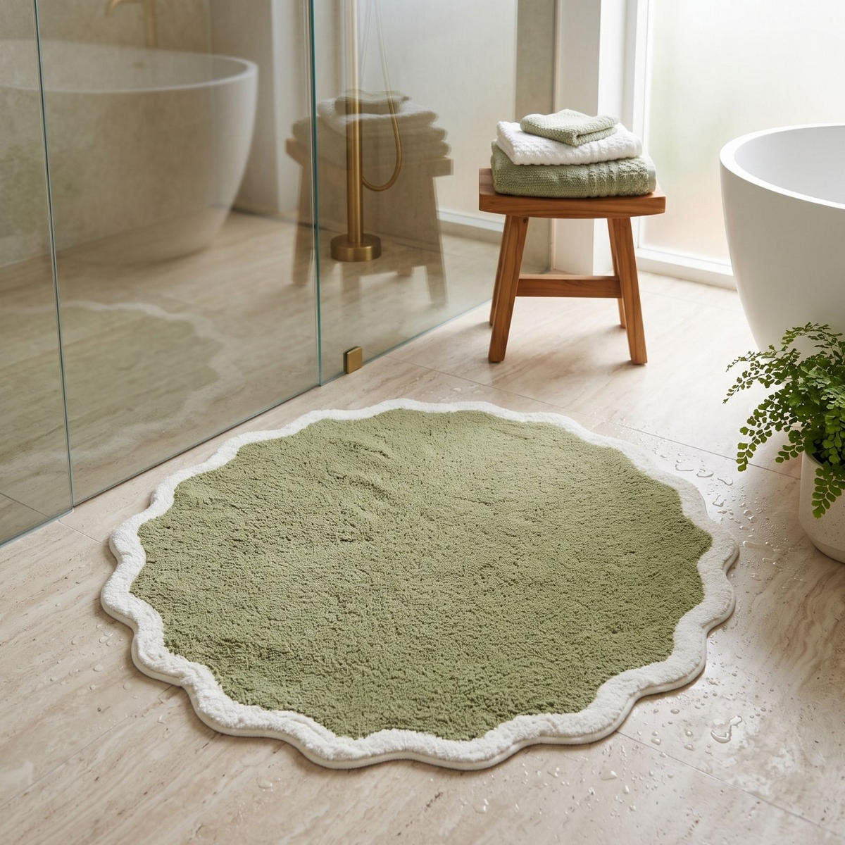 BADTEPPICH Wellenrand, rund 70 cm, 100 % Baumwolle - Grün, Textil (70/70cm) - Homescapes