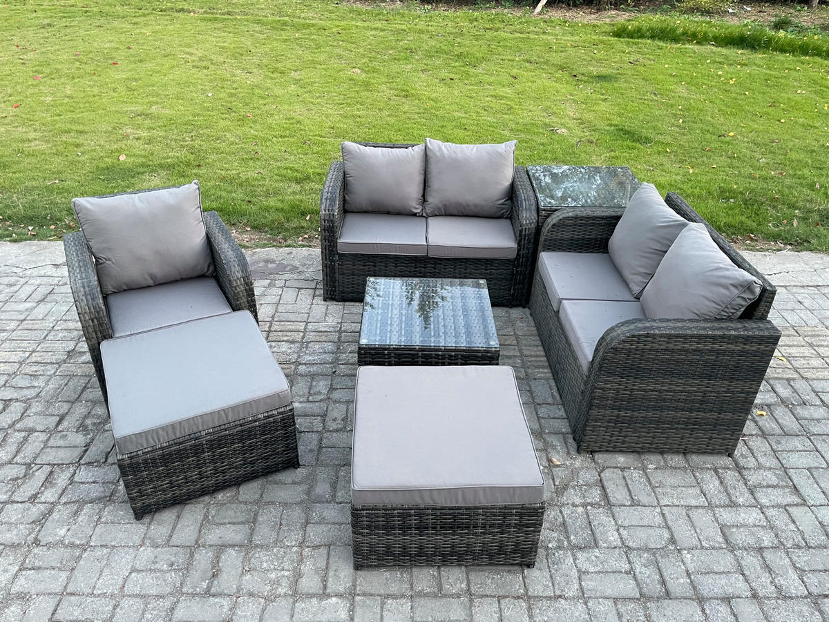 LOUNGEGARNITUR Polyrattan Dunkelgrau 7-Sitzer - Dunkelgrau, Metall - Fimous