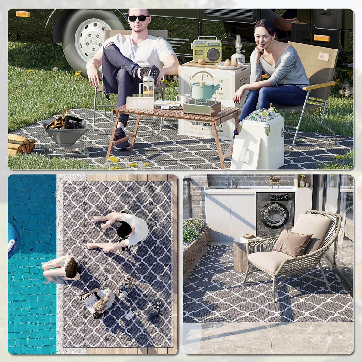 OUTDOOR Teppich robuster Wetterfest Outdoorteppich Carpet mit Netzmuster - Grau, Kunststoff (182/274cm) - Outsunny