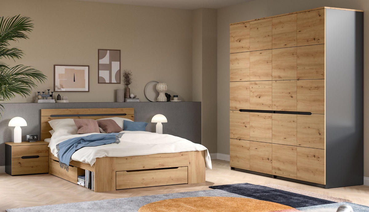 SCHLAFZIMMER Eiche Artisan, grau 4-teilig, Set mit Kleiderschrank, Bett und 2x Nachttisch - Eiche Artisan/Grau, Holzwerkstoff/Metall - Inn.Furn