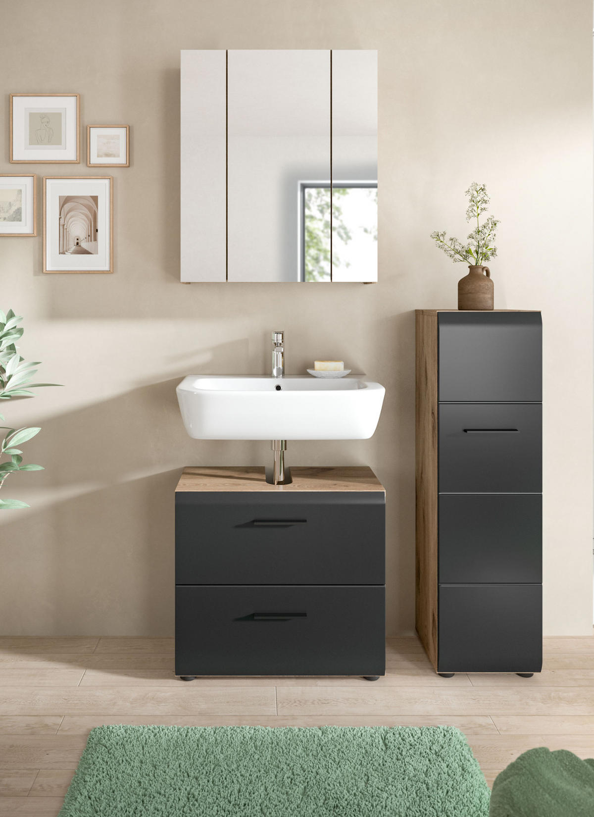 BADMÖBEL-SET 3-teilig Schwarz matt, Eiche Nox, Badezimmer mit viel Stauraum und Vollauszug Schubkästen 105 x 185 cm - Eichefarben/Schwarz, Glas/Holzwerkstoff (105/185/30cm) - Inn.Furn