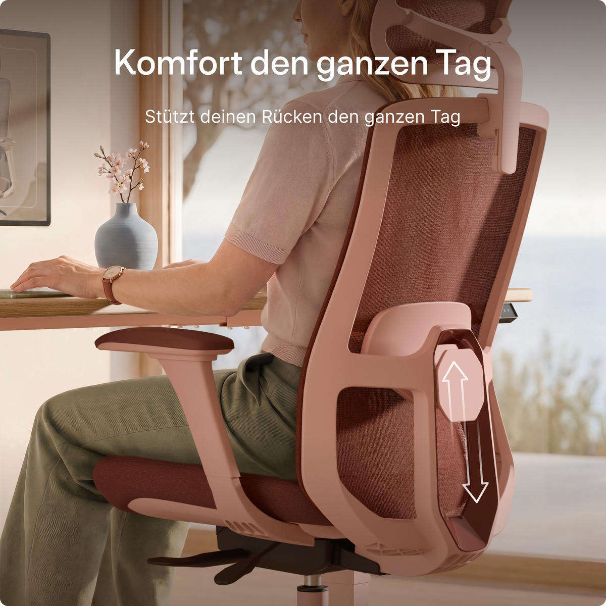 BÜROSTUHL Verstellbarer Ergonomischer SitOne Rosa 4-Dimensional Armlehne, Integrierte 4-Wege-Lendenwirbelstütze - Pink, Kunststoff (60/125/68cm) - Desktronic