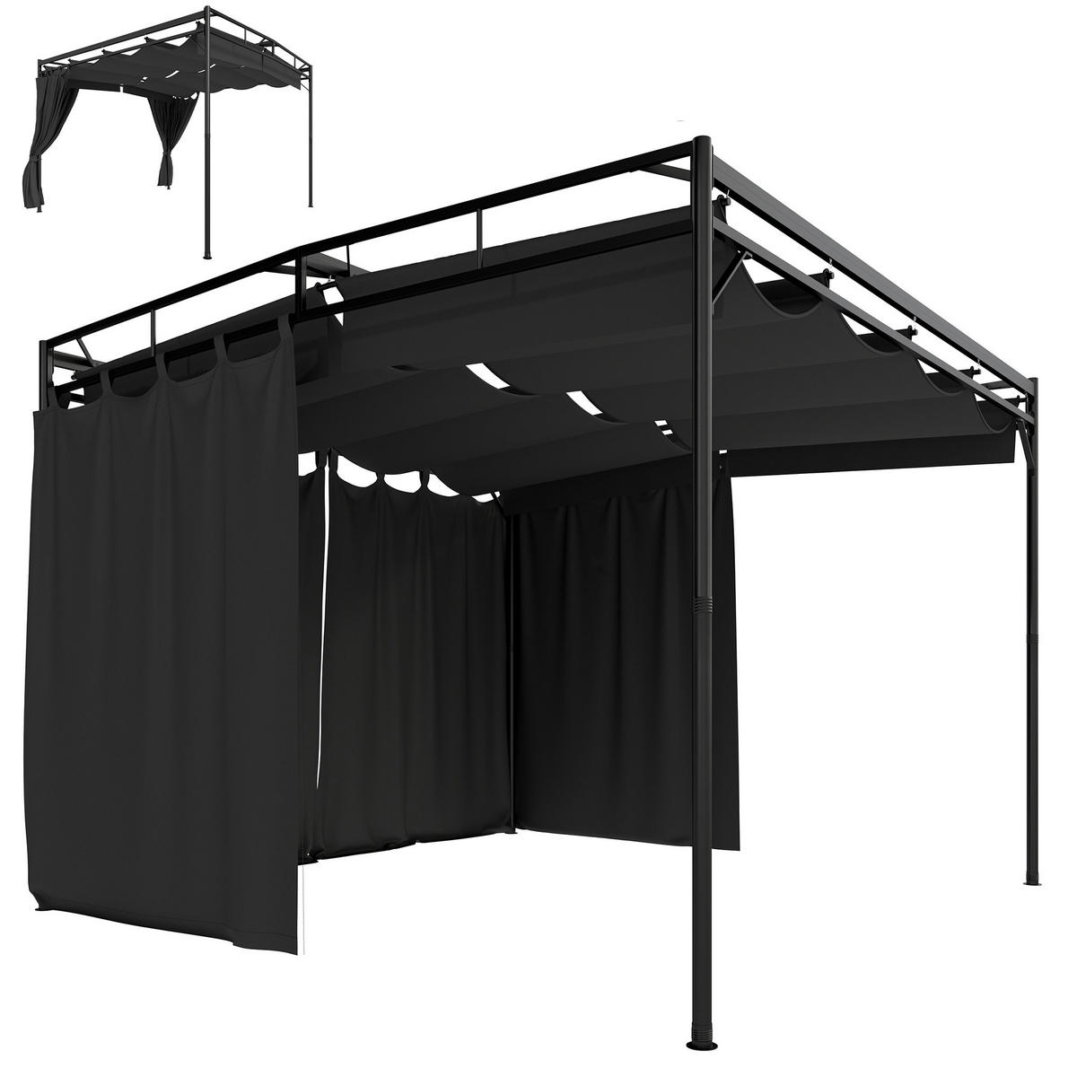 PERGOLA Pavillon 3x3m Wasserabweisend Sonnenschutz mit verstellbares Schiebedach Vorhängen, freistehend - Dunkelgrau, Textil (300/220/300cm)