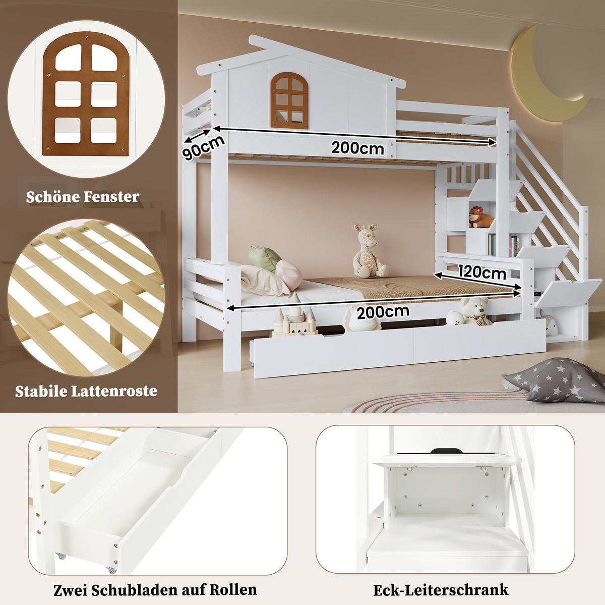 POSCHODOVÁ posteľ 90/200 a 120/200 cm biela/prírodná z masívu a MDF s rohovým rebríkom, skrinkou a 2 zásuvkami - biela, kompozitné drevo (90/200cm) - OKWISH