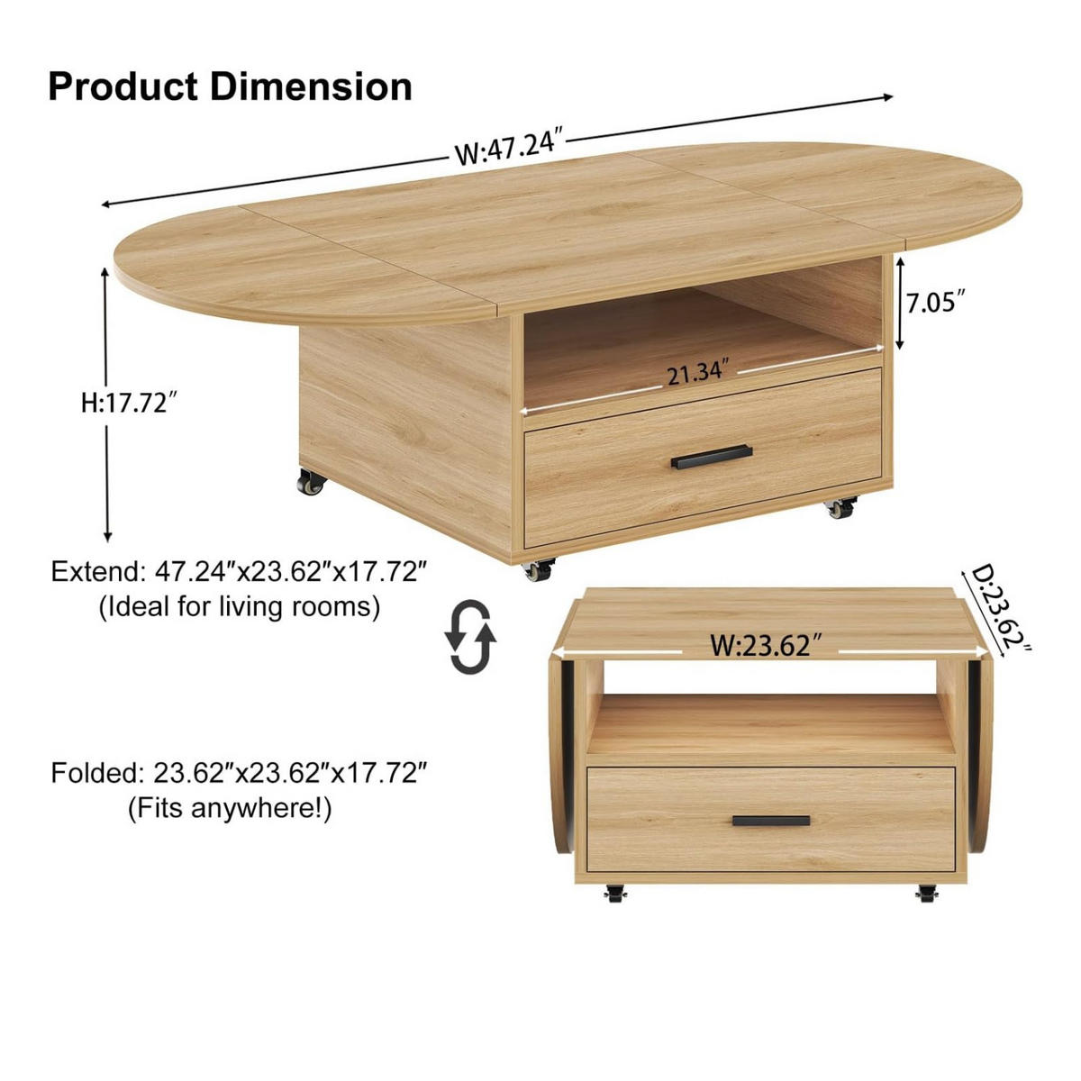 COUCHTISCH Wohnzimmertisch mit Stauraum 120 x 60 x 45 cm Klappplatte - Naturfarben, Holzwerkstoff/Metall (120/120/45cm) - Quality Elegance
