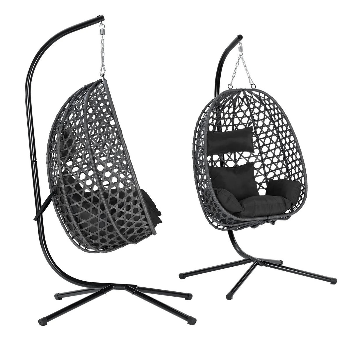 HÄNGESESSEL mit Ständer Kissen Kopfstütze Schaukelstuhl - Schwarz, Metall (105/195/105cm) - Kaket