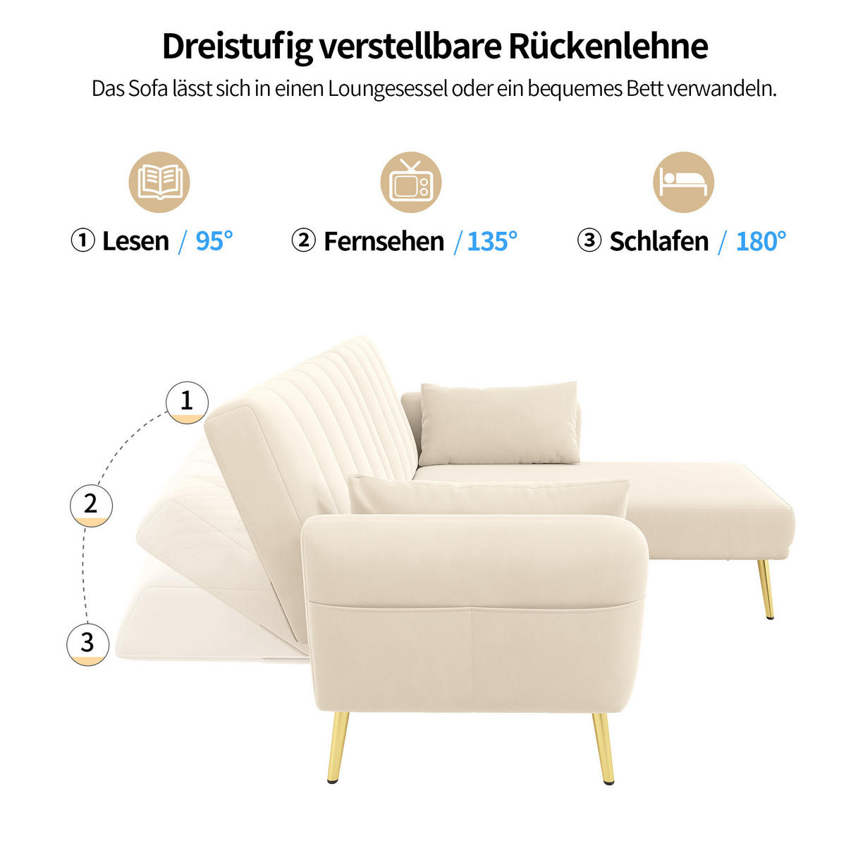 ECKSOFA, Samt mit Schlaffunktion & verstellbarer Rückenlehne, 191,5/130,5/80 cm, Beige - Beige, Textil (130.5/191.5cm) - Redom