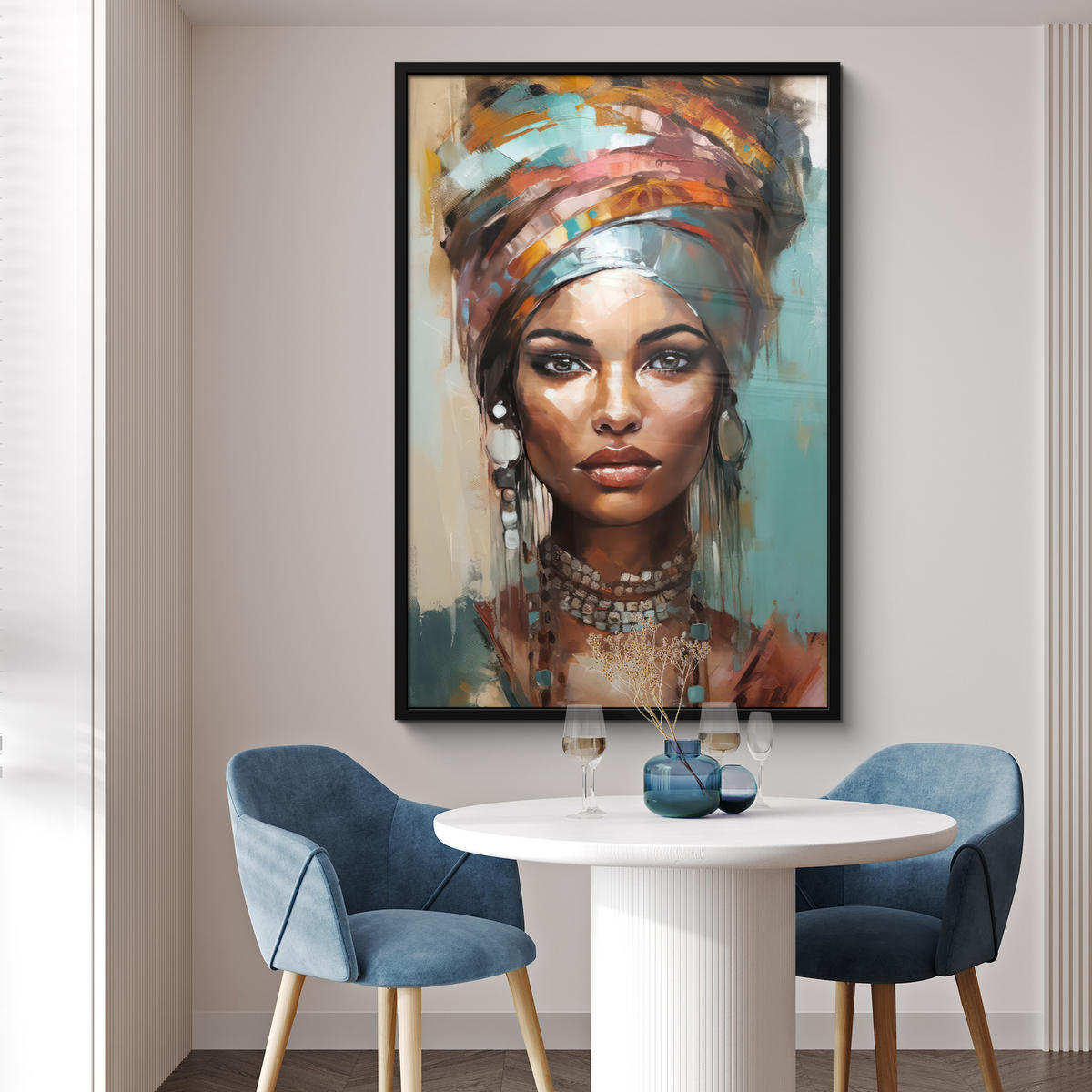 GERAHMTES BILD Frau - Kunst - Schmuck - Porträt 80x120 cm - Blaugrau, Papier (80/120cm) - MuchoWow
