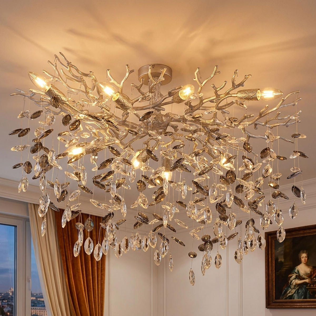 DECKENLEUCHTE Metall Silber, Glaskristalle Rauchfarben - Silberfarben, Glas (85/50/50cm) - Globo Lighting